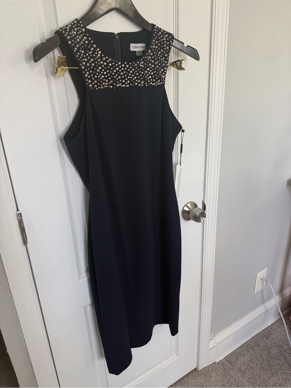 Calvin Klein Navy Midi Dress with Jeweled Collar